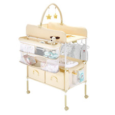 Adjustable Baby Changing Table with Drawers, Wheels  Toys - Light Beige