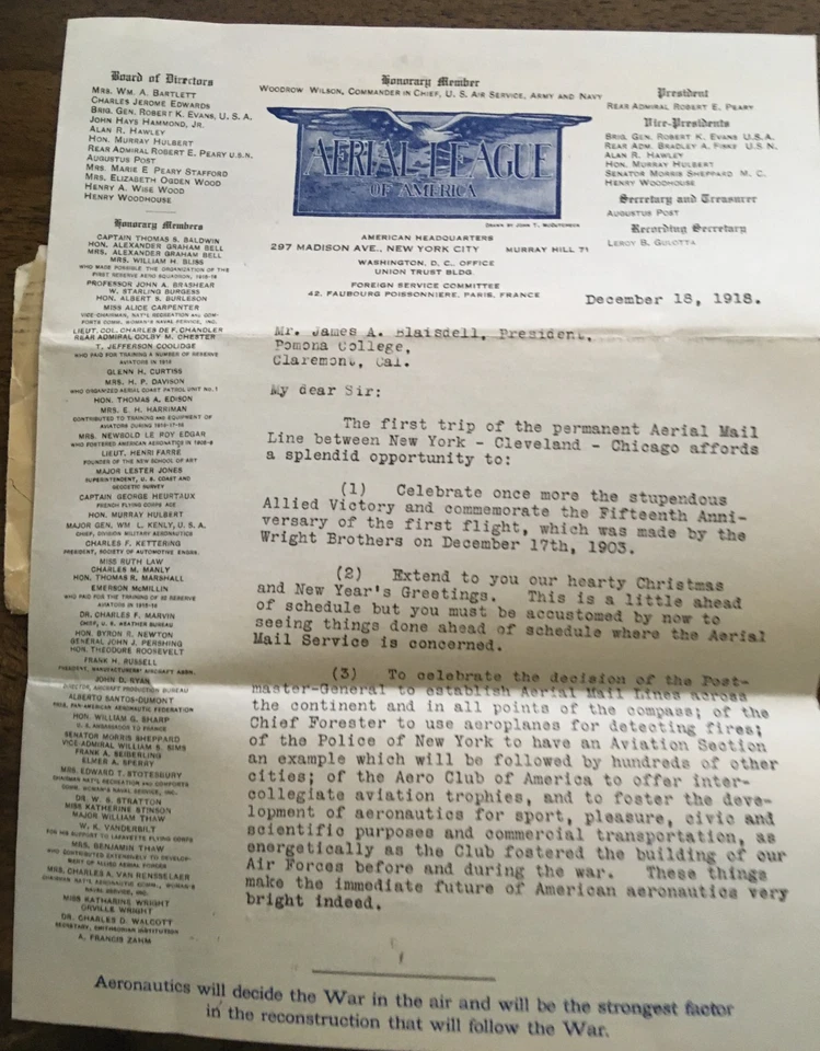 US C1 COVER DEC 18 1918 with letter to James A. President of Pomona College, CA - Image 3 of 4