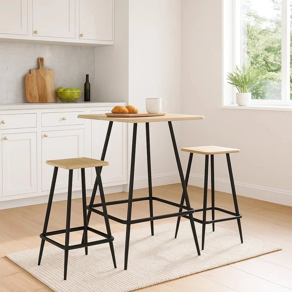 3 Piece Breakfast Bar Set Dining Table with 2 Chairs Stool For Cafe Kitchen Oak - Image 3 of 3