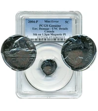 2004P Canada 5 Cents, MINT ERROR, Struck on 1.3g Magnetic Plan - PCGS UNC Detail