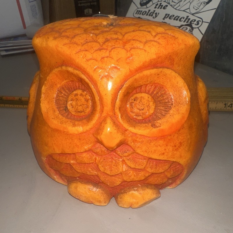 VTG Orange OWL CANDLE BY COLONIAL CANDLE MADE Cape Cod  6x6”