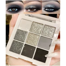 evpct 9 Colors Silver Gray Glitter Eyeshadow Palette, Black Smokey Grey and S...