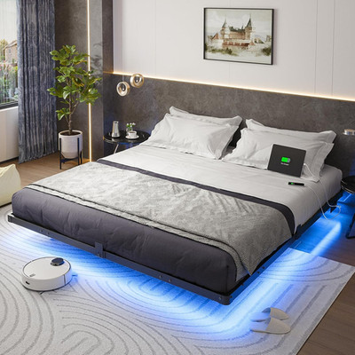 Liians King Floating Bed Frame LED Lights USB Charging Station Metal Sun