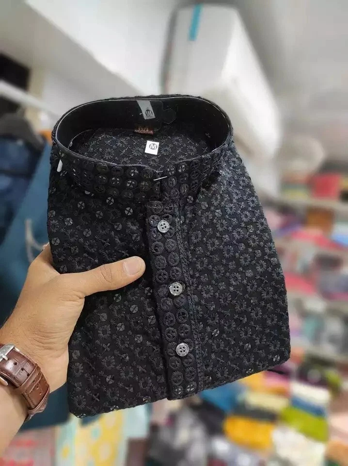 Pijama Kurta étnico paquistaní indio Chikankari trabajo espejo trabajo para hombre Foto 2 de 4