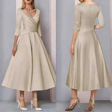 Vintage Mother Of The Bride Dress V Neck 3/4 Sleeves Tea Length Satin Party Gown