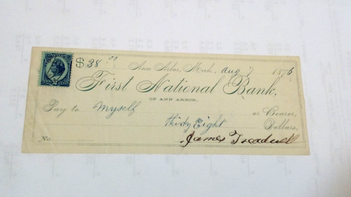 US Postal History Revenue First National Bank Check 1876