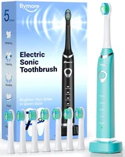 Bymore Electric Toothbrush Rechargeable Sonic with 8 Replacement Heads UltraSoft