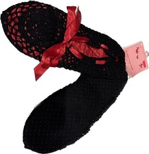 CROCHETED BLACK RED HOUSE SHOE FOOTIES SLIPPERS QUILTED LINING ADULT NON SLIP