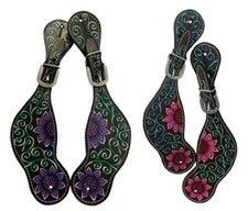 Youth-7" Or Ladies-10" Spur Straps Dark Purple Pink Floral  Teal Swirls Painted