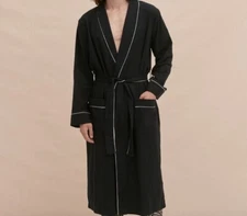 Desmond & Dempsey His Navy Robe. Luxury Brushed Cotton Blue w/ white piping XL