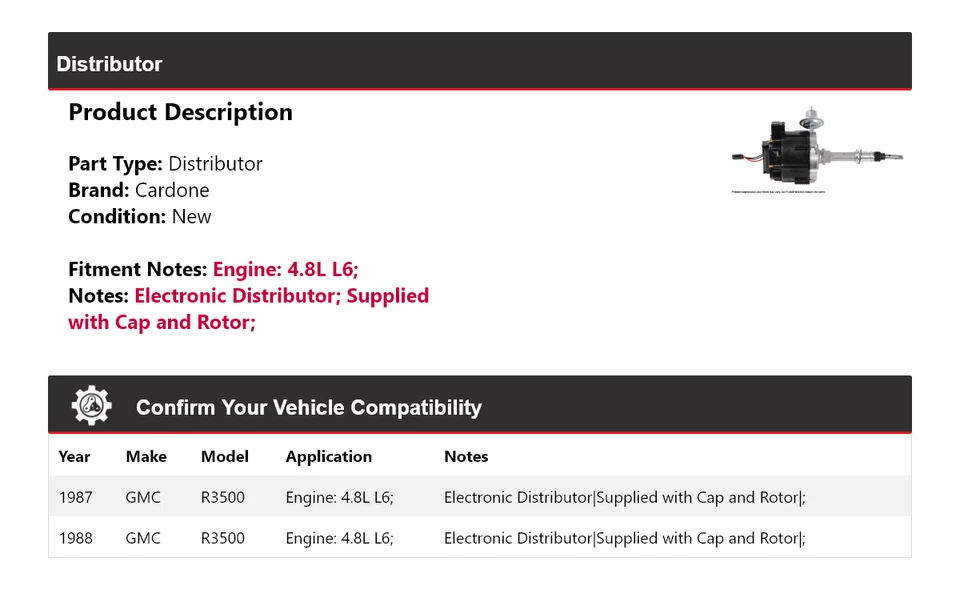 Tarjeta de distribuidor para GMC R3500 1987-1988 4,8 L L L6 Foto 2 de 4