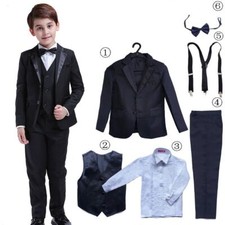 Tuxedo Shirt Vest - Ring Bearer Black Boys Suits For Weddings Formal Blazer 6PCS