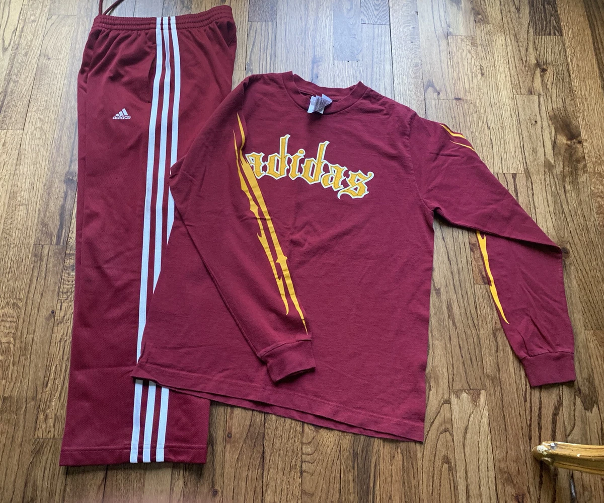 Adidas Shirt and Pants Set Outfit Burgundy White Stripe L S Youth