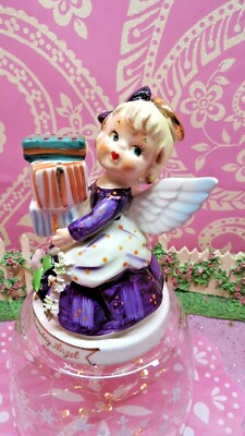 Vtg TMJ Thursday Angel Holds GIFTS Presents W Purple Dotted Hair BOW BLUE WINGS