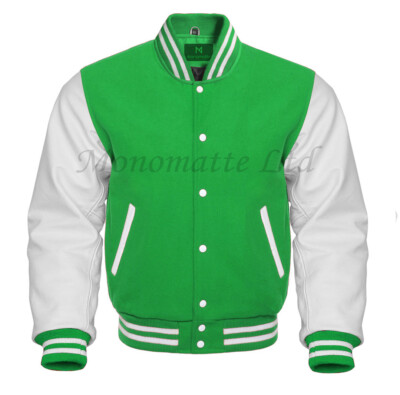 Varsity Letterman Kelly Green Wool Genuine White Leather Sleeves