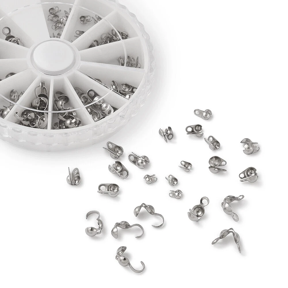 Mixed Sizes Stainless Steel Bead Tips Knot Covers 100pcs Clamshell