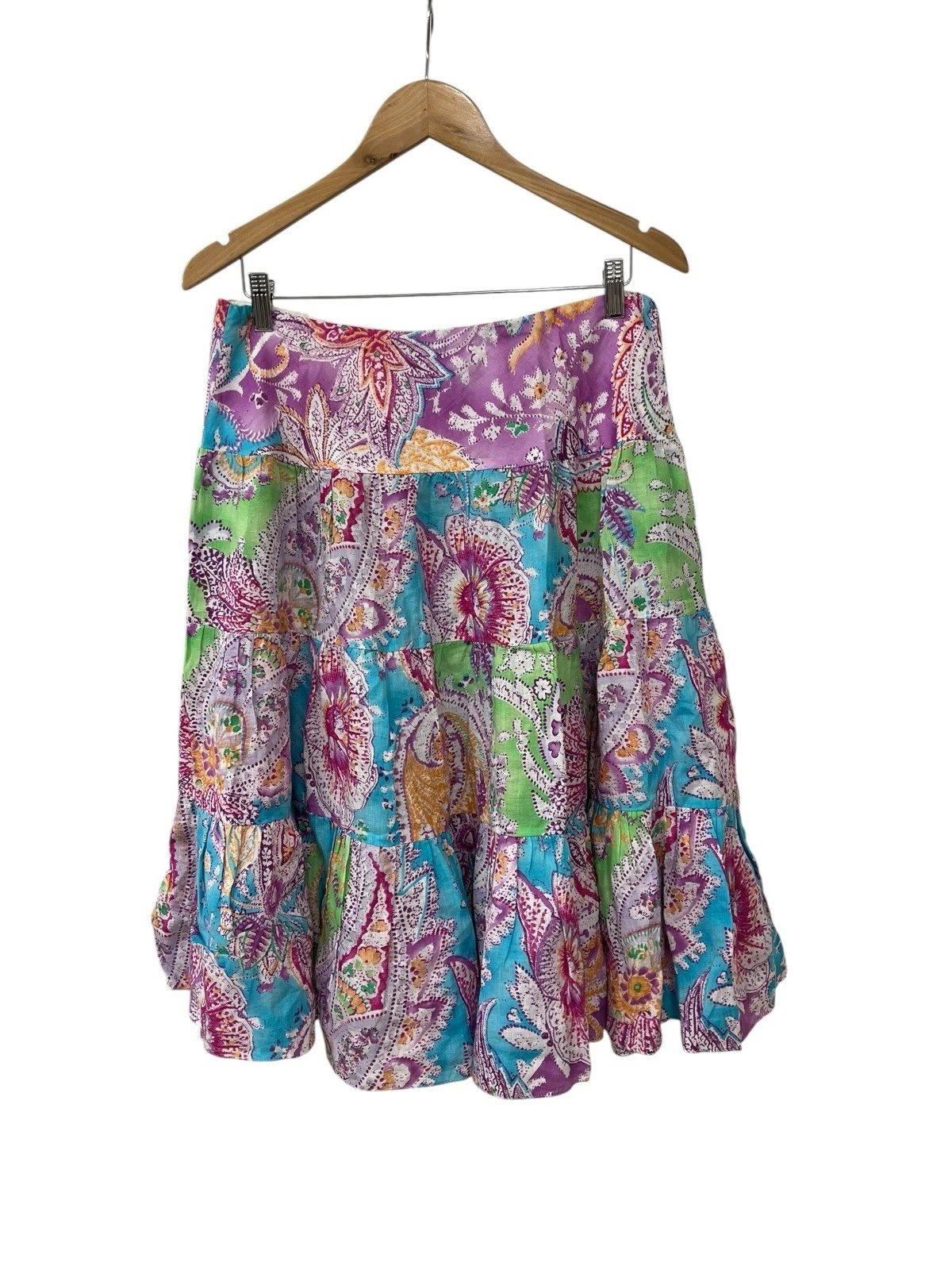 Ralph Lauren Paisley Blue Pink Linen Tiered Prairie Skirt PM P M