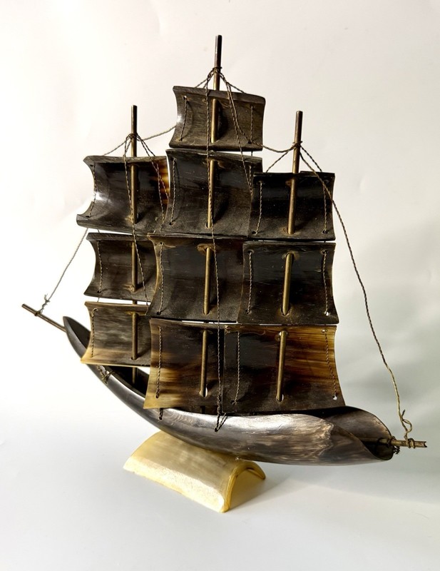 Vintage Sailboat Schooner Sculptured Genuine Bovine Horn Nautical Decor Folk Art