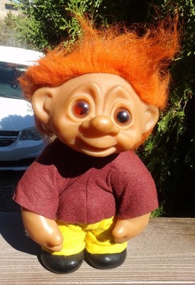 VINTAGE LARGE DAM DOLL DENMARK 10'' W/CLOTHES TROLL DOLL ORANGE HAIR & HAT