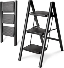 Step Ladder 3 Step Folding, Sturdy 330 Lbs Small Step Stool for Adults, Safer Fu