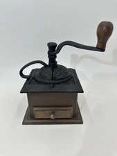 Antique Coffee Grinder Ornate Cast Iron Hand Crank Wooden Base Kitchen Appliance