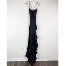 La Femme NWT 28294 Lace-Up Back Side-Ruffle Satin Gown Black Size 6