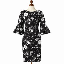 Calvin Klein Womens 14 Black White Floral Sheath Dress Bell Sleeve Whimsy