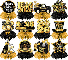 New Year Table Decorations 2026,12Pcs Happy New Year Honeycomb Centerpiece Black
