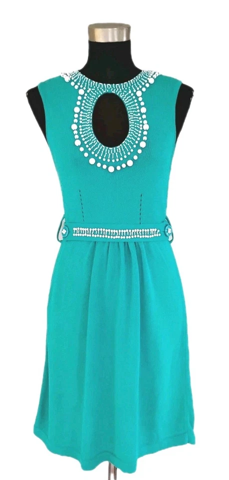 Nanette Lepore Knit Midi Dress S Turquoise Blue White Beaded Key Hole Sheath 4 6 - Image 2 of 4
