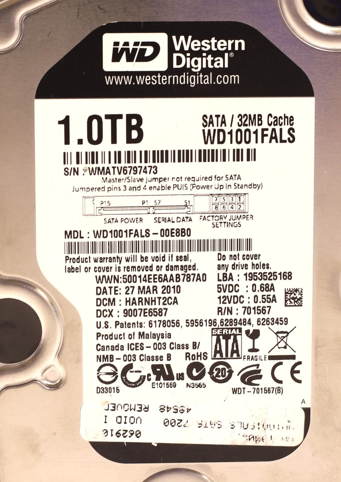 WD WD1001FALS 1TB 3.5" 3Gb/s 32MB 7.2K RPM SATA HDD P/N: WD1001FALS-00E8B0 - Image 2 of 2