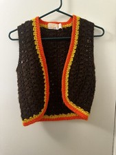 Vintage 70s Hand Crocheted Vest L fall colors Boho Hippie