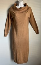 Shein Women’s Camel Brown Cowl Neck Ribbed Knit Side Slit Long Slv Sweater Dress