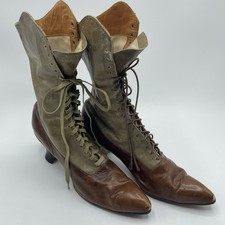 Antique Victorian Canvas Lined Brown Tan Leather Lace Up Boots Shoes Heels