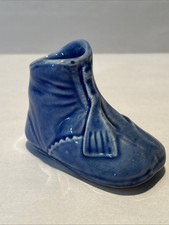 Small Vintage Blue Pottery Baby Shoe Planter 2 7/8" Tall