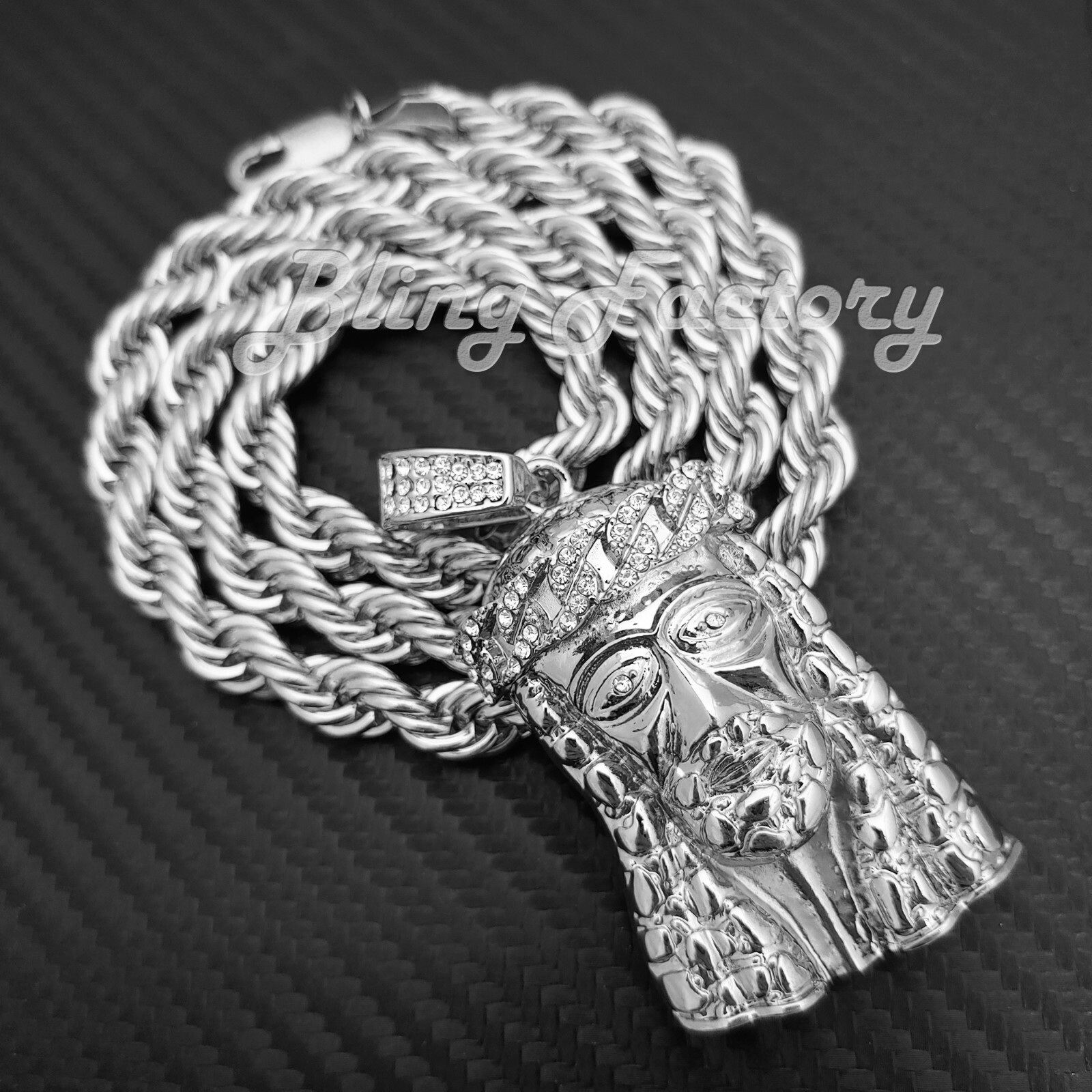 Iced Silver Nugget Jesus Head Pendant & 8mm 24