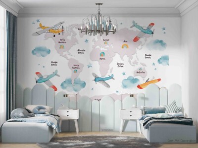 3D Cartoon World Map Airplane Wall Murals Wallpaper Murals Wall Sticker
