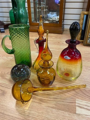 Blenko Lot Decanters, Pitcher, Paper Weight, and Ladle (Rainbow Glass Decanter)