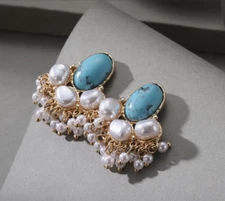 Blue Turquoise White Pearl Earrings Stud Gold Plated Dangle
