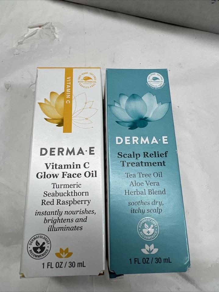 Tratamiento de alivio del cuero cabelludo Derma E + aceite facial Vit C Glow + protector solar y tónico Foto 2 de 4