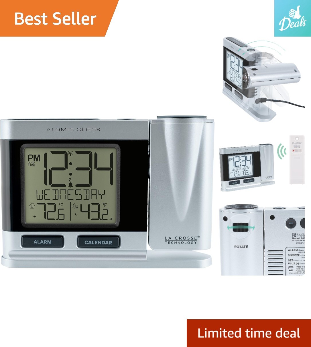 Atomic Projection Alarm Clock - Silver - Displays Time & Temperature-image