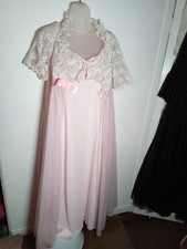 VTG BABYDOLL PEIGNOIR ROBE NIGHTY SET FULL SHEER CHIFFON CARNATION PINK SZ S/M
