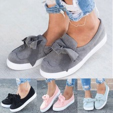 Women Flat Slip On Pumps Trainers Ladies Bow Casual Loafers Plimsolls Shoes Size