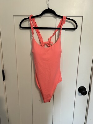 Victoria Secret Coral Orange One piece Swim Suit Ruffle Strap Size Small