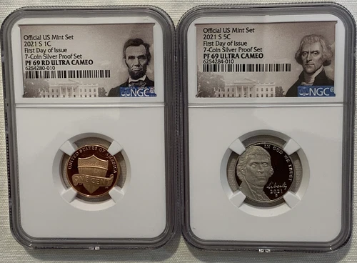 2021 S Lincoln 1c & Jefferson 5c from Silver Set NGC PF69 UC Portrait 1st Day