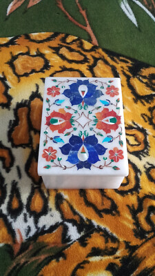 6''x4'' white Marble trinket Jewelry box Inlay pietra dura Malachite decor h8