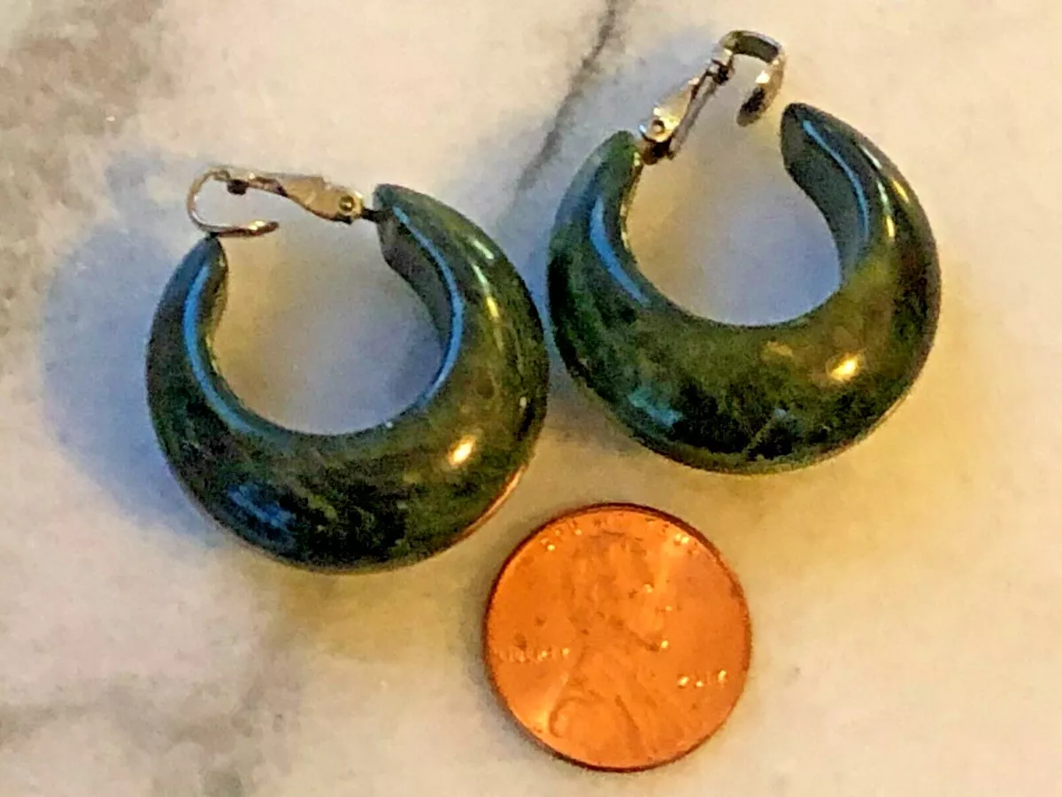 Vintage Bakelite Jewelry Plastic Chunky Hoop Earrings Clip Dark Green NICE