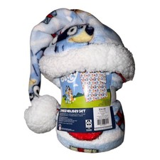Bluey 2 Piece Holiday Set Travel Throw Blanket and Santa Hat Christmas New