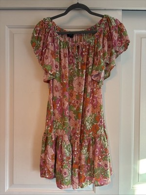 RACHEL ZOE Women's Green/Pink Floral Print Ruffle Mini Dress SZ S
