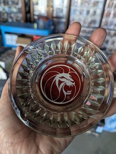 MGM Grand Hotel Logo Cigarette Ash Tray - Round Clear Glass Vintage Ashtray
