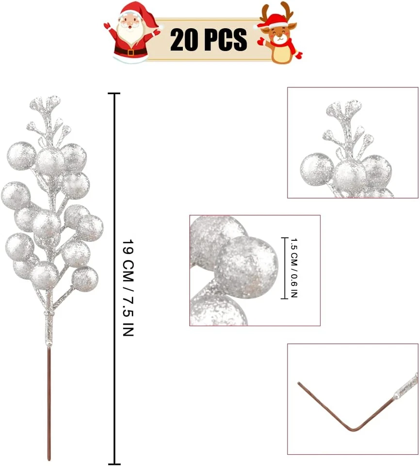 20 Pezzi Decorazione Bacche D'Argento, Artificiale Bacca D'Argento Bordeaux Racc - Immagine 2 di 4